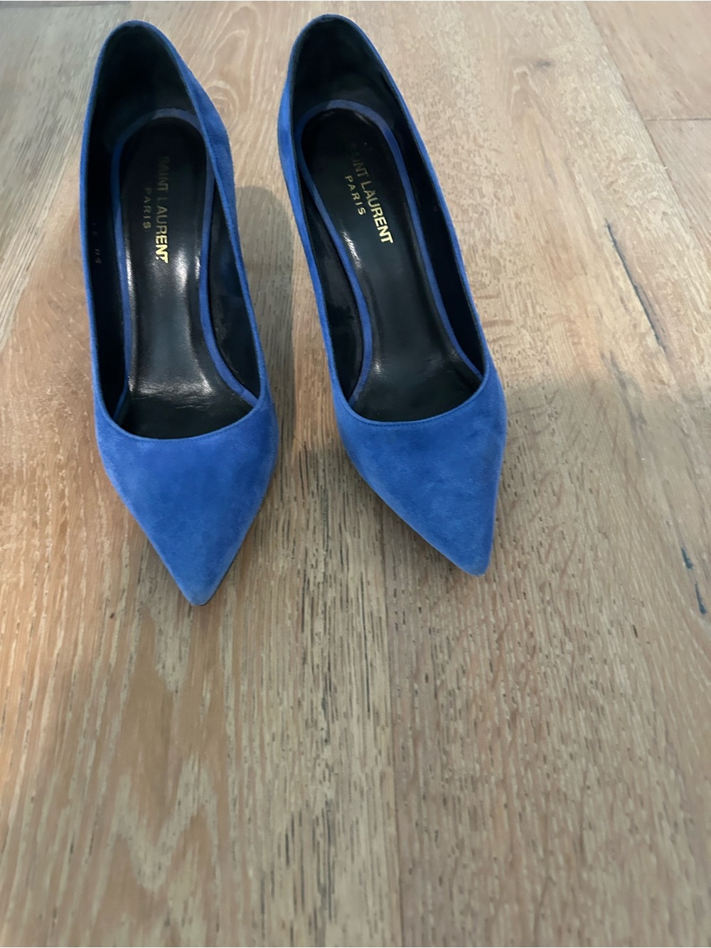 SAINT LAURENT blue suede heels.